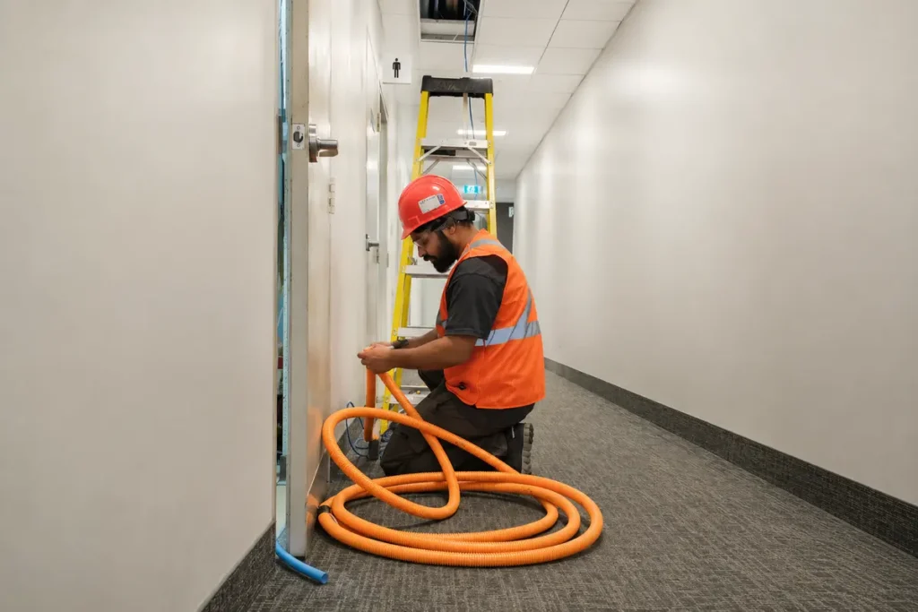 Bematek technician installing structured cabling conduit in Toronto
